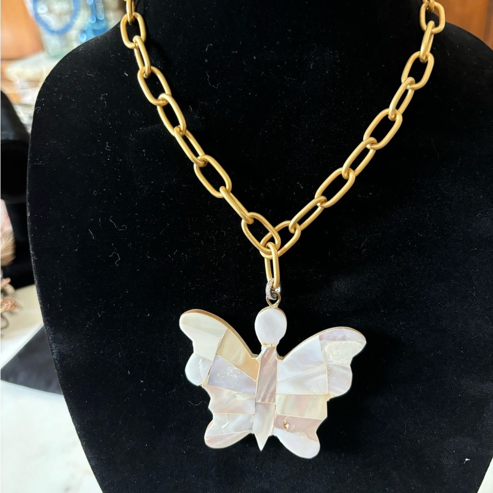Mother of Pearl butterfly pendant on gold chain